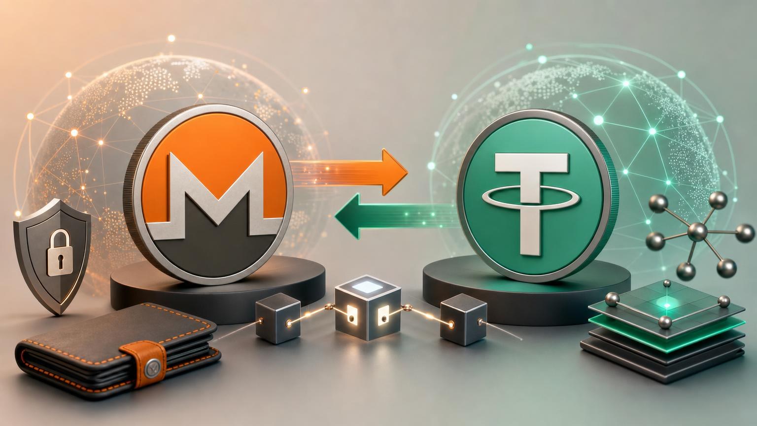 A step-by-step map of an XMR-to-USDT exchange showing the Monero deposit address, blockchain confirmations, transaction ID, and USDT network check